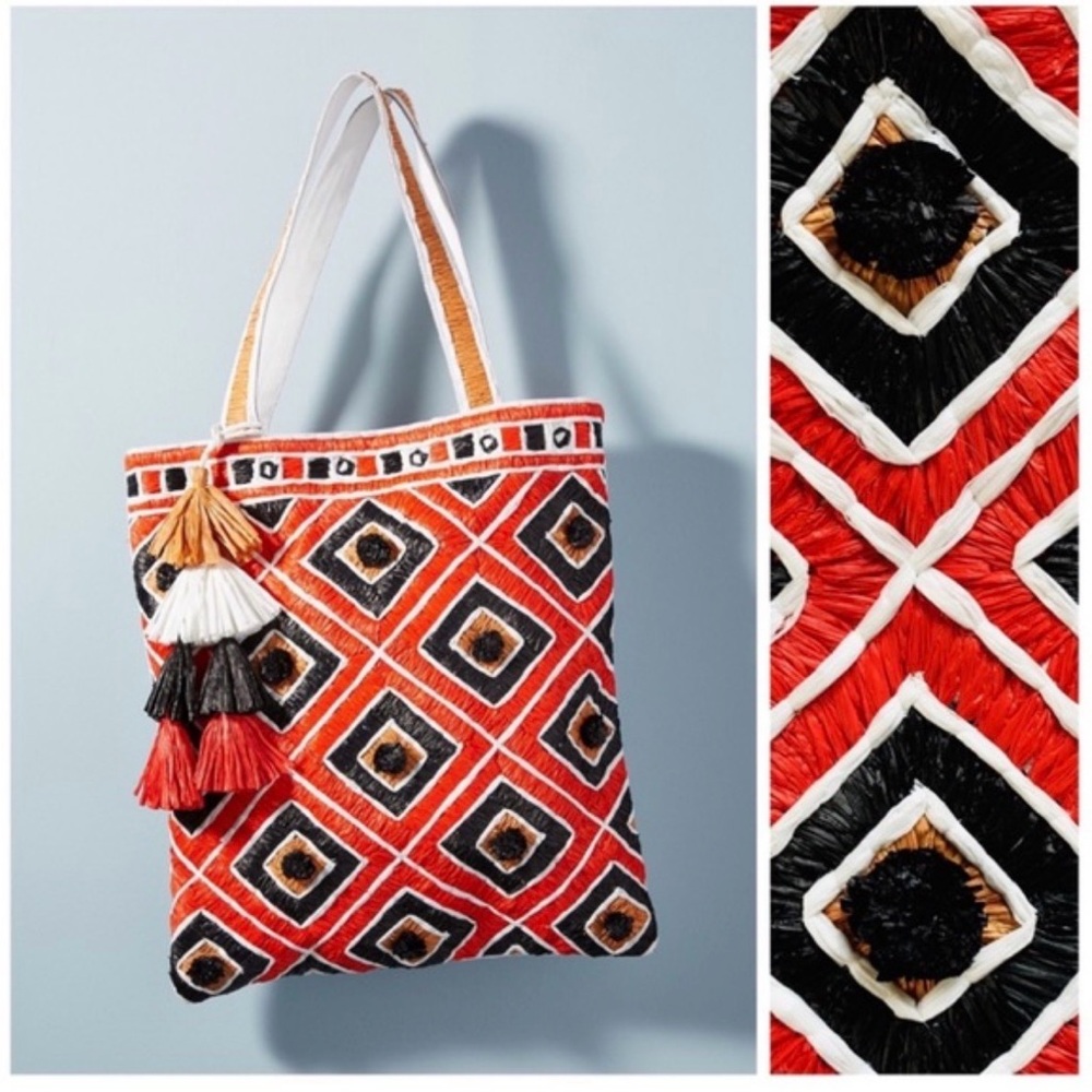 Anthropologie ibBan Tamati tote bag, straw, cotton and leather.